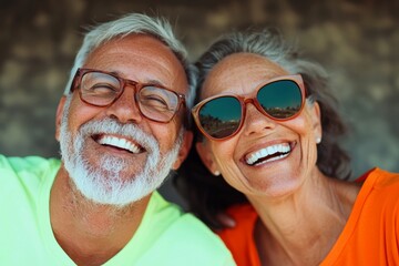 Man and woman are smiling and wearing sunglasses. They are both wearing glasses. The man is wearing a yellow shirt and the woman is wearing an orange shirt