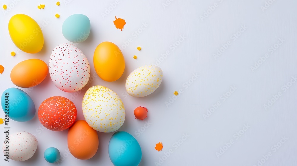 Poster bunch of colorful eggs are scattered on a white background. the eggs are of different sizes and colo