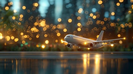Takeoff event airplane departure at city airport digital art nighttime setting aerial view adventure and travel theme
