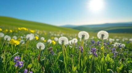 Dandelions bloom in sunny spring meadow, rolling hills background, nature scene