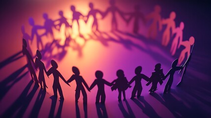 A circle of human paper cutouts on a deep plum background, illuminated with soft lighting to cast smooth shadows.