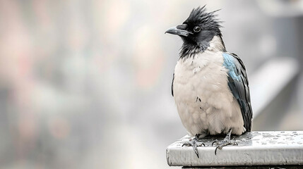 Fototapeta premium Hooded crow perched on a ledge, gazing left against a softly blurred background.