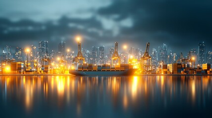 Nighttime cargo operations at a busy port urban city landscape industrial photography coastal environment wide-angle view maritime trade concept