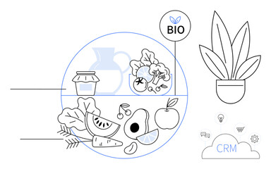 Fresh vegetables, fruits, jar, and pitcher within a circle, next to a potted plant and CRM tech icons. Ideal for organic living, healthy eating, agriculture, CRM systems sustainability technology