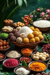 Fototapeta premium Vibrant Display of Indian Sweets and Spices on Wooden Table Surrounded by Lush Greenery and Colorful Petals