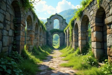 Ancient weathered stone ruins overtaken by nature, plants, rocks