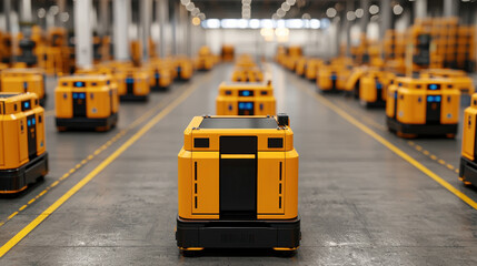Fototapeta premium Rows of automated robots in a warehouse, exemplifying modern logistics and industrial efficiency.