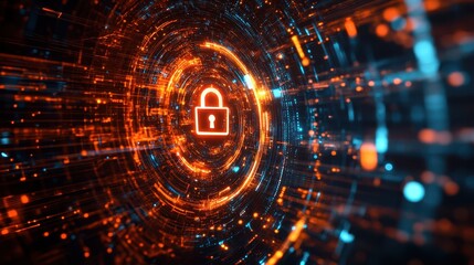 Digital padlock represents network security within layers of data streams