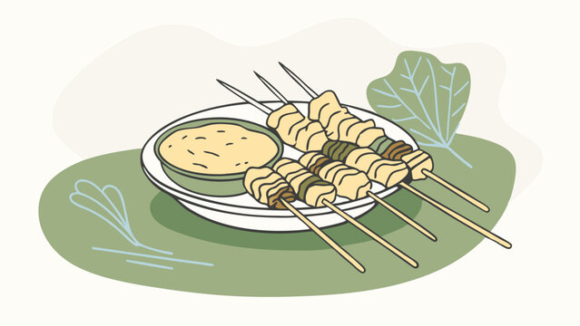 skewer food with sauce on plate, line art clip art preview
