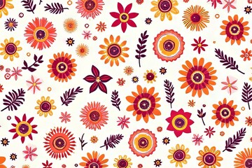 Fototapeta premium Vibrant Floral Pattern with Orange and Red Flowers on White Background