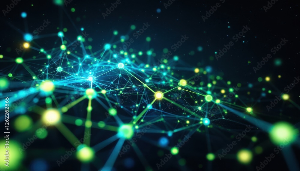 Poster abstract network of glowing neon lines and dots on dark background