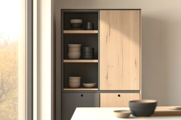 Modern kitchen cabinet with dishes, autumn view