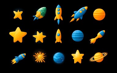 Vibrant space themed icon set featuring rockets, stars, and planets on dark cosmic background, creative digital design for astronomy and exploration concepts