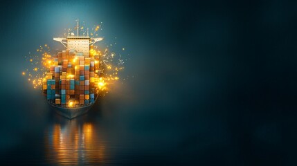 Fototapeta premium Navigating global trade cargo ship loaded with colorful containers open waters digital artwork serene environment aerial perspective economic impact