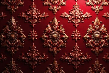Intricate damask floral pattern, rich burgundy & gold hues, damask, scroll