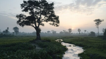 Obraz premium Misty Sunrise Over Rural Stream with Silhouetted Tree