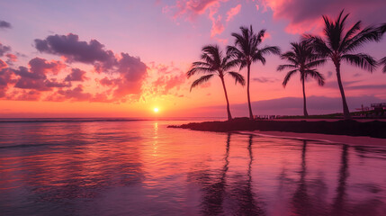 Breathtaking sunset over tranquil beach with palm trees silhouetted against vibrant pink and orange skies, reflecting on calm water