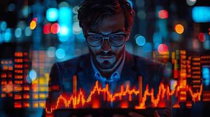 Analyzing financial trends through data visualization urban office space digital art night environment close-up view business intelligence insights