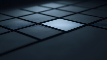 close up view of dark tiles with one illuminated tile, creating striking contrast. arrangement highlights texture and depth of surface, evoking sense of mystery and intrigue