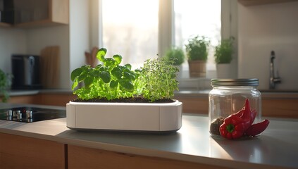 Modern kitchen herb garden, sunlight, urban indoor plants,  growing