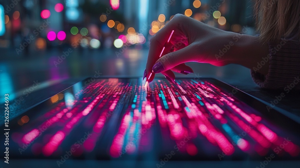Poster dynamic digital interaction data visualization urban environment technology showcase nighttime citys