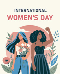 Women's day. Vector illustration of two different women with flowers and protest gesture symbolizes gender equality and fight for empowerment. Suitable for women's holidays, website