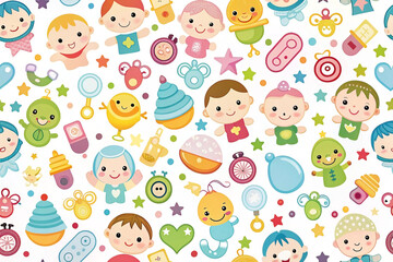 Happy babies toys seamless pattern background, nursery decor