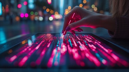 Dynamic digital interaction data visualization urban environment technology showcase nighttime cityscape close-up perspective concept of connectivity