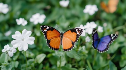 Obraz premium Orange and blue butterflies on white flowers. Spring garden background. Nature scene for website or print