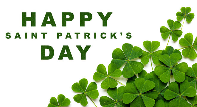 Happy Saint Patrick's Day background with festive decorations arranged in a flat lay top view. Saint Patrick’s Day festive layout featuring clovers. Saint Patrick’s Day background with lucky charms