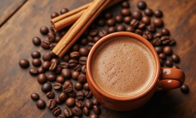 Aromatic coffee with cinnamon on wooden table