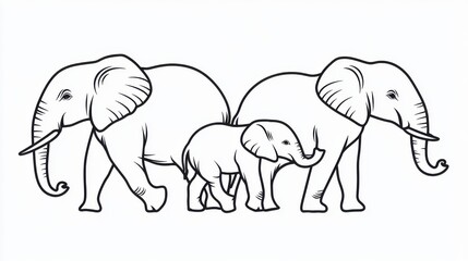 Fototapeta premium Three Elephants Walking Together in a Simple Line Drawing Style