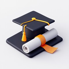 3D Graduation Cap and Diploma on White Background