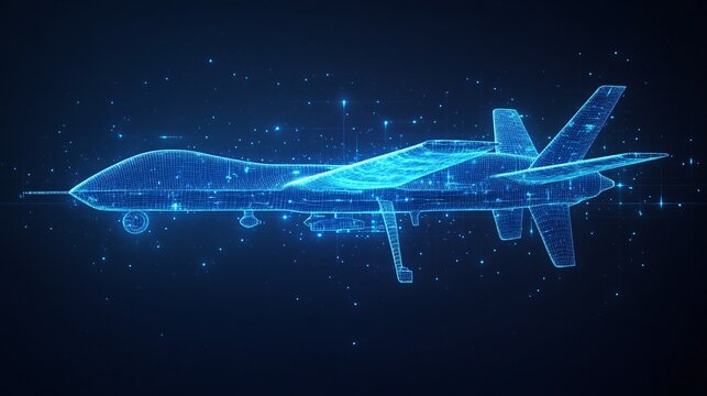 A glowing blue wireframe of a sleek military drone in flight, set against a dark background, symbolizing advanced defense technology.