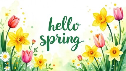 Lush floral 'Hello Spring' with vibrant tulips, daffodils, and daisies