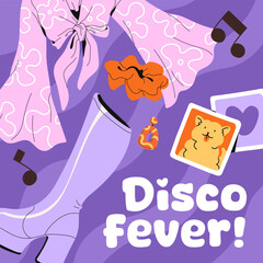 Design of 80s, 90s party card. 1980 nostalgia event advertising template. Promotion of 1980s disco in club. Invitation to costumed discotheque with retro style dress code. Flat vector illustration