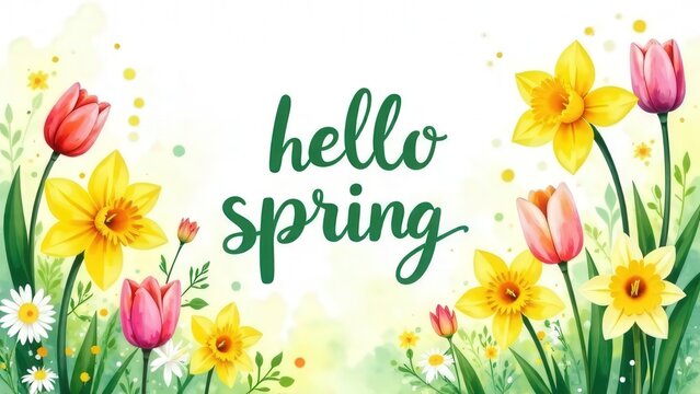 Lush floral 'Hello Spring' with vibrant tulips, daffodils, and daisies
