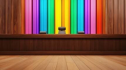 Wooden courtroom with rainbow curtains signifying diversity and inclusion.