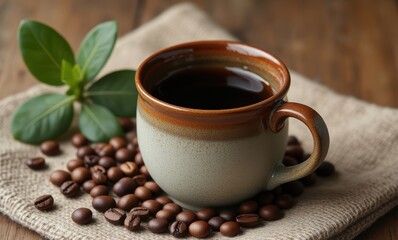 Cup of coffee with coffee beans and leaves