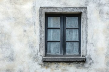 Rectangular window with stone frame in textured wall setting