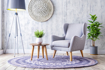 Grey armchair, side table, rug, living room, textured wall, plant, lamp, interior design