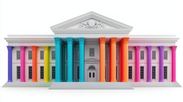 Elegant building with vibrant painted columns showcasing artistic contrast in architectural design.