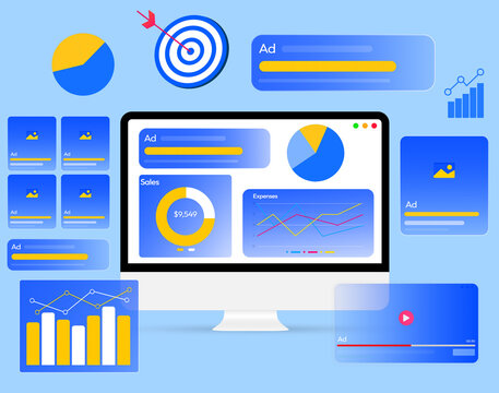 Blue and Yellow digital advertising concept design floating around the LCD screen with analytics graphics and shapes. Ads, return, roa, conversions, seo, video ads design