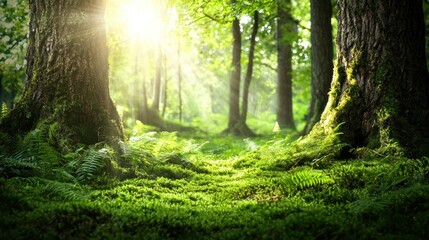 Obraz premium Sunlit Forest Path: Tranquil Mossy Green Haven