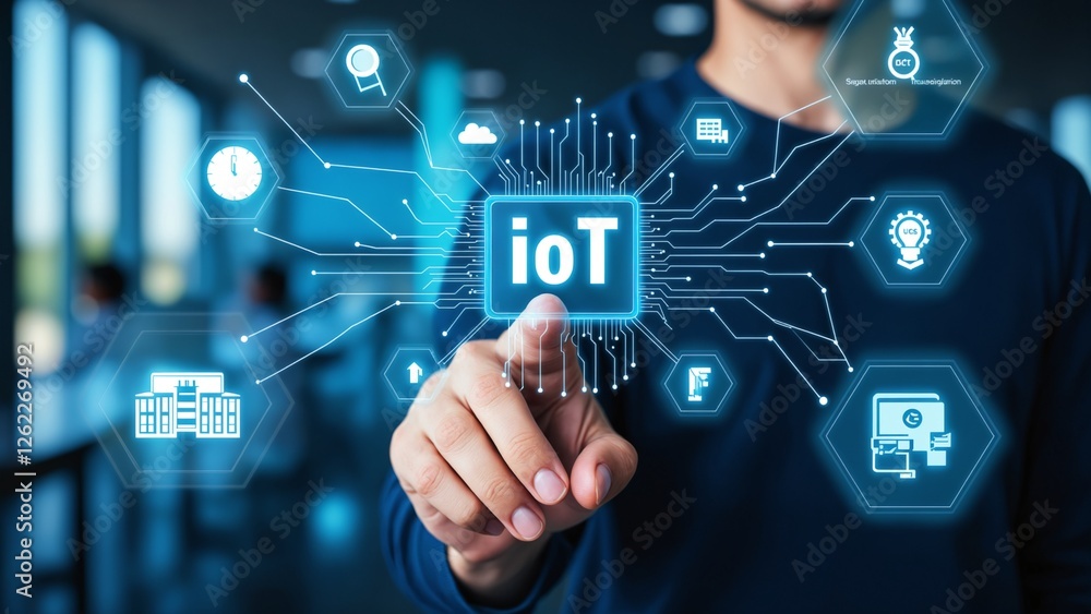 Poster internet of things - iot concept. businessman offer iot products and solutions. young businessman se