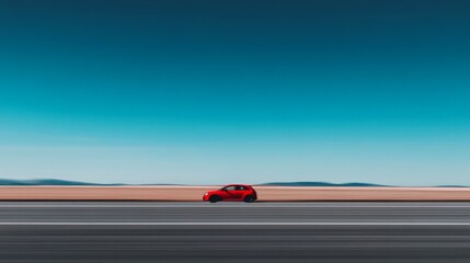 Red car driving on highway, clear sky, desert landscape, motion blur, travel