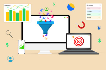 Marketing and Digital advertisement with leads generation, analytics and shapes infographics floating around the devices. Customers, statistics, campaign, conversions