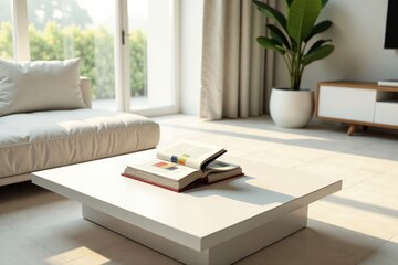 Peaceful living room scene with an open book resting on a modern coffee table