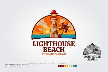 Lighthouse Beach Vector Logo Illustration. An excellent logo Template for your Company. The Logo can be used with many kind of Business, beach surfing, hoteling or travel agency.