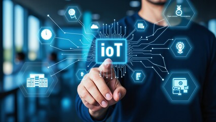 Internet of things - IOT concept. Businessman offer IOT products and solutions. Young businessman select the abstract chip with text IoT on the virtual display
